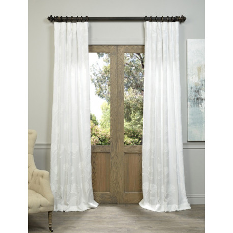 Ginko White Embroidered Crewel Faux Linen Curtain