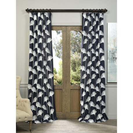 Plume Navy Embroidered Crewel Faux Linen Curtain